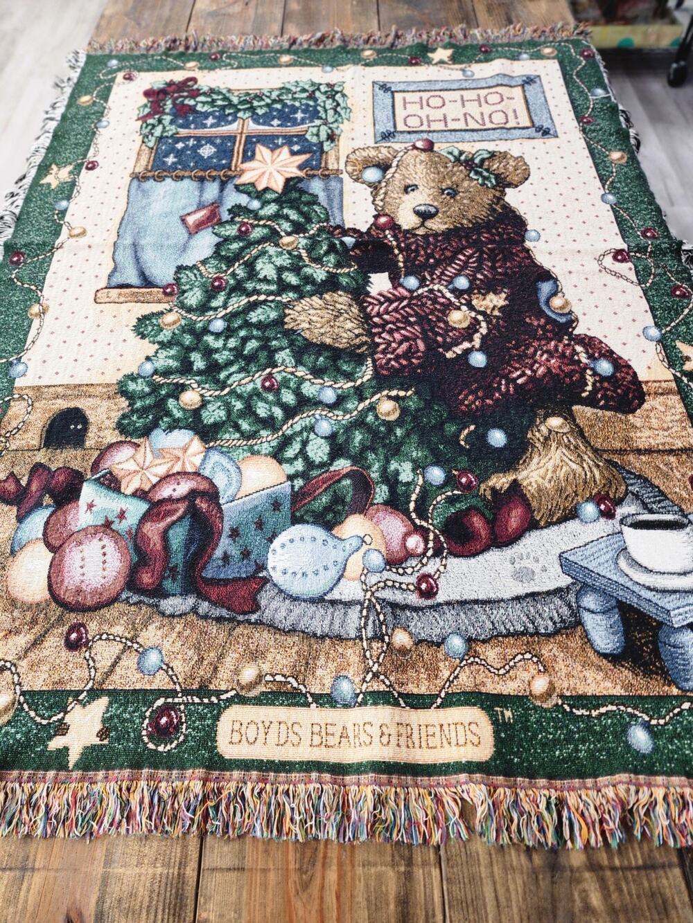 Boyds Bears & Friends Christmas Afghan Throw Blanket HO HO OH NO 50" X 64" 1997